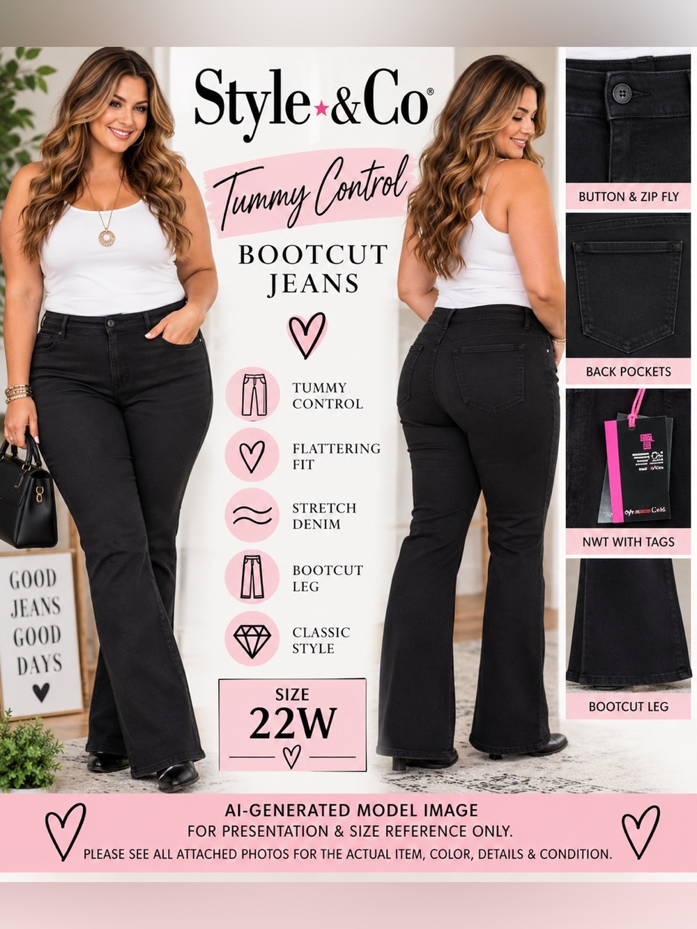 Style & Co Tummy Control Bootcut Jeans Black 22W NWT